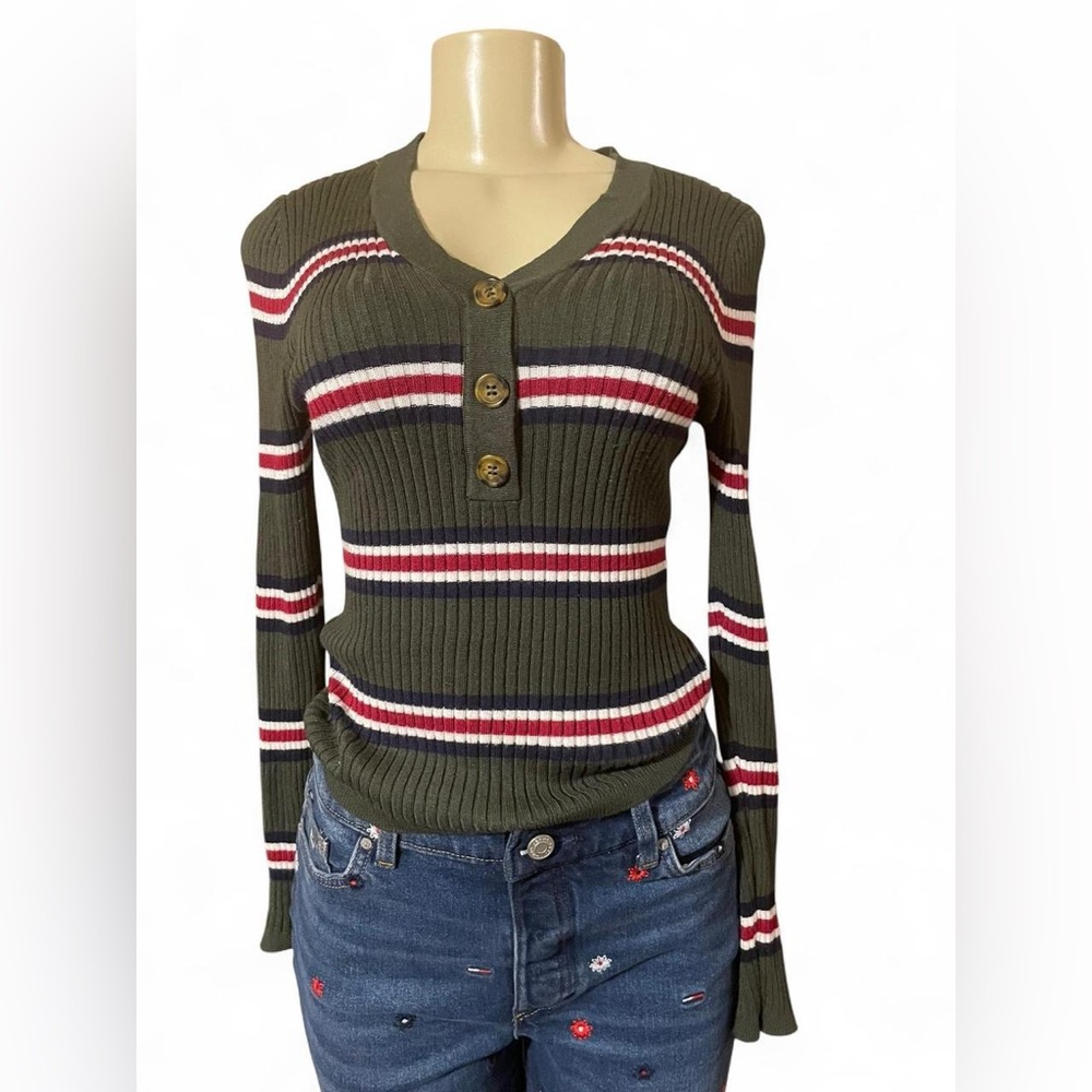 It's Our Time Olive Striped Button-Up Sweater